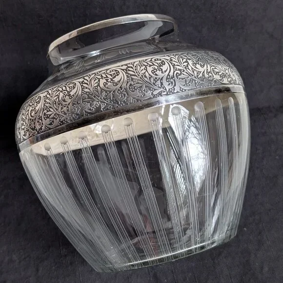 Vintage Fine American Cut/Etched/Frosted Glass Vase W/ Silver Overlay 6.2
